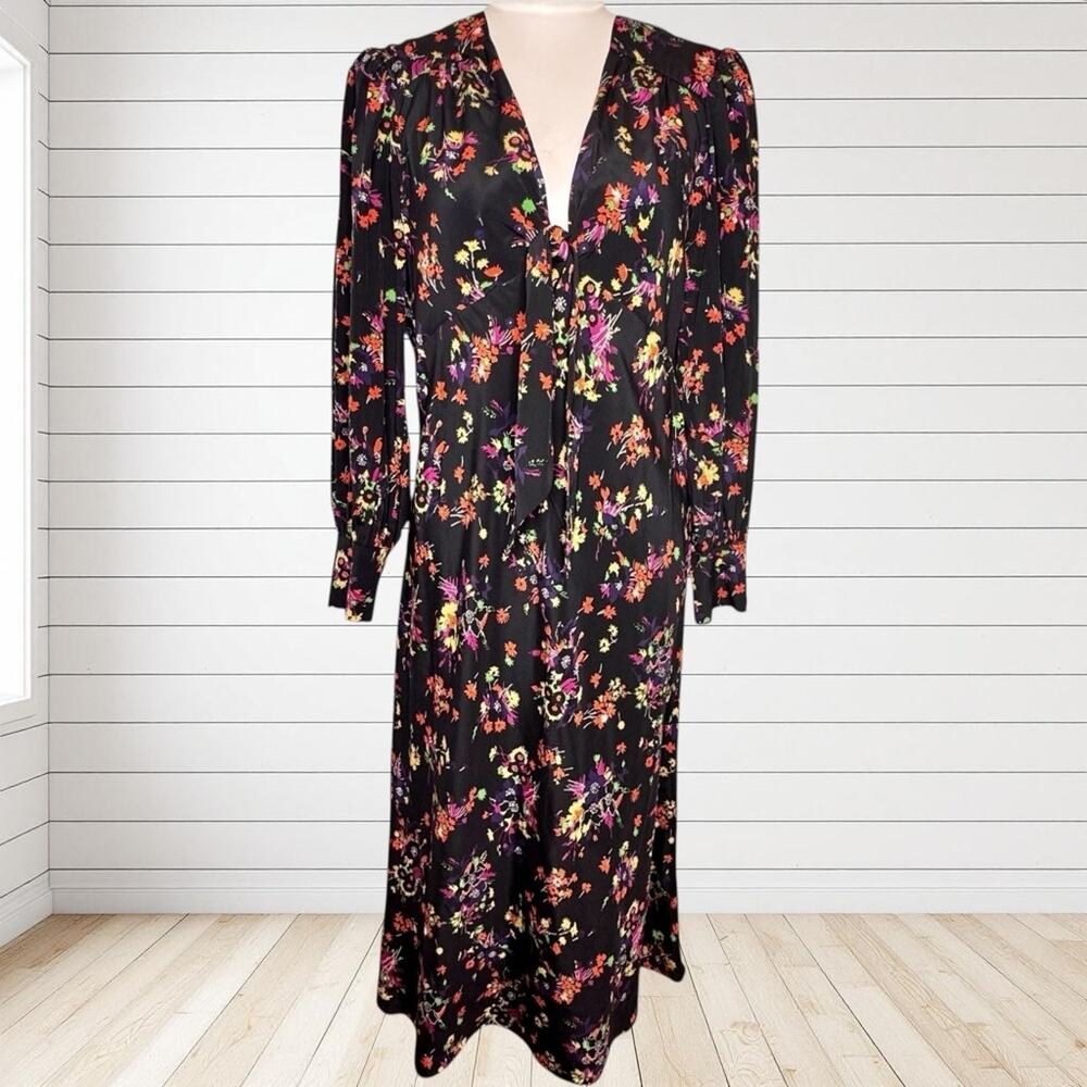 Veronica Beard Dress AMBER Silk Midi Long Sleeve Tie Front Floral Flowers SZ 12 - Picture 3 of 11